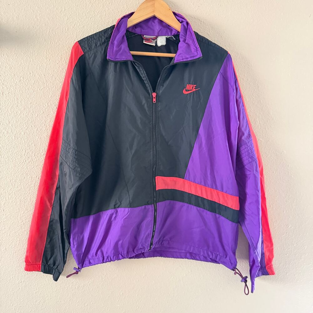 Nike 90s color block windbreaker jacket in black, purple and red nylon